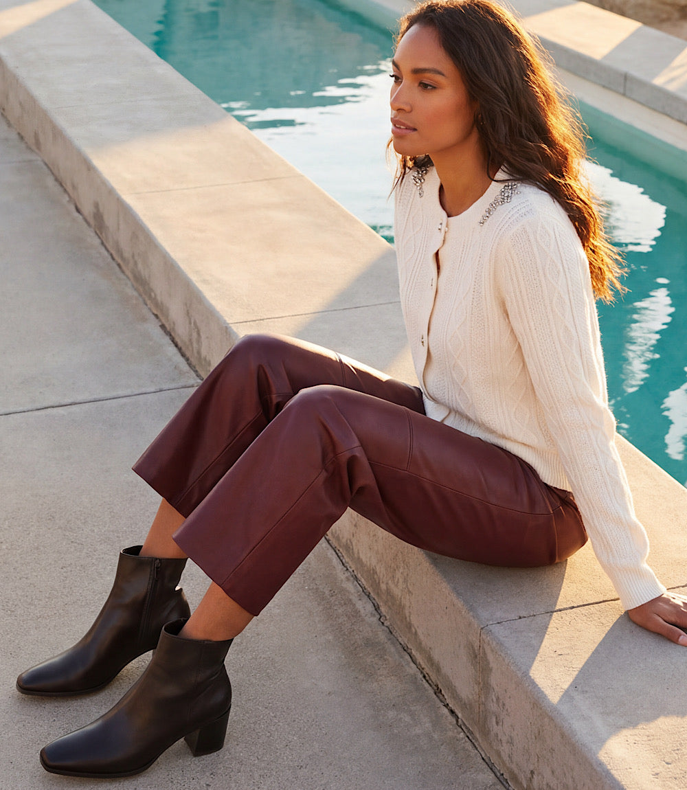 Karen Kane Women's Petite Size Faux Leather Pull On Ankle Pants, MP, MP, Wine, 100% Polyester