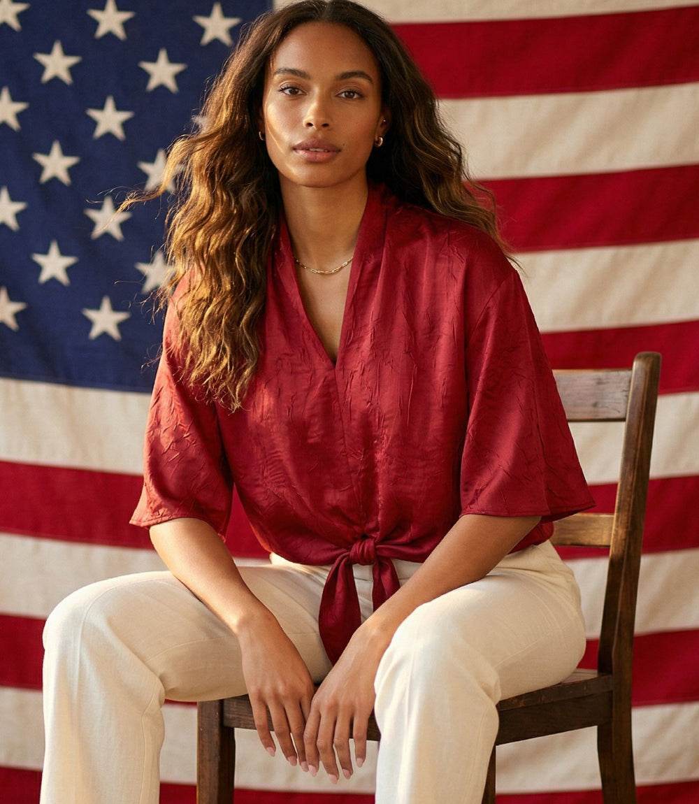 Flare Sleeve Tie-Front Top - Luxurious Satin Blouse with Flowy