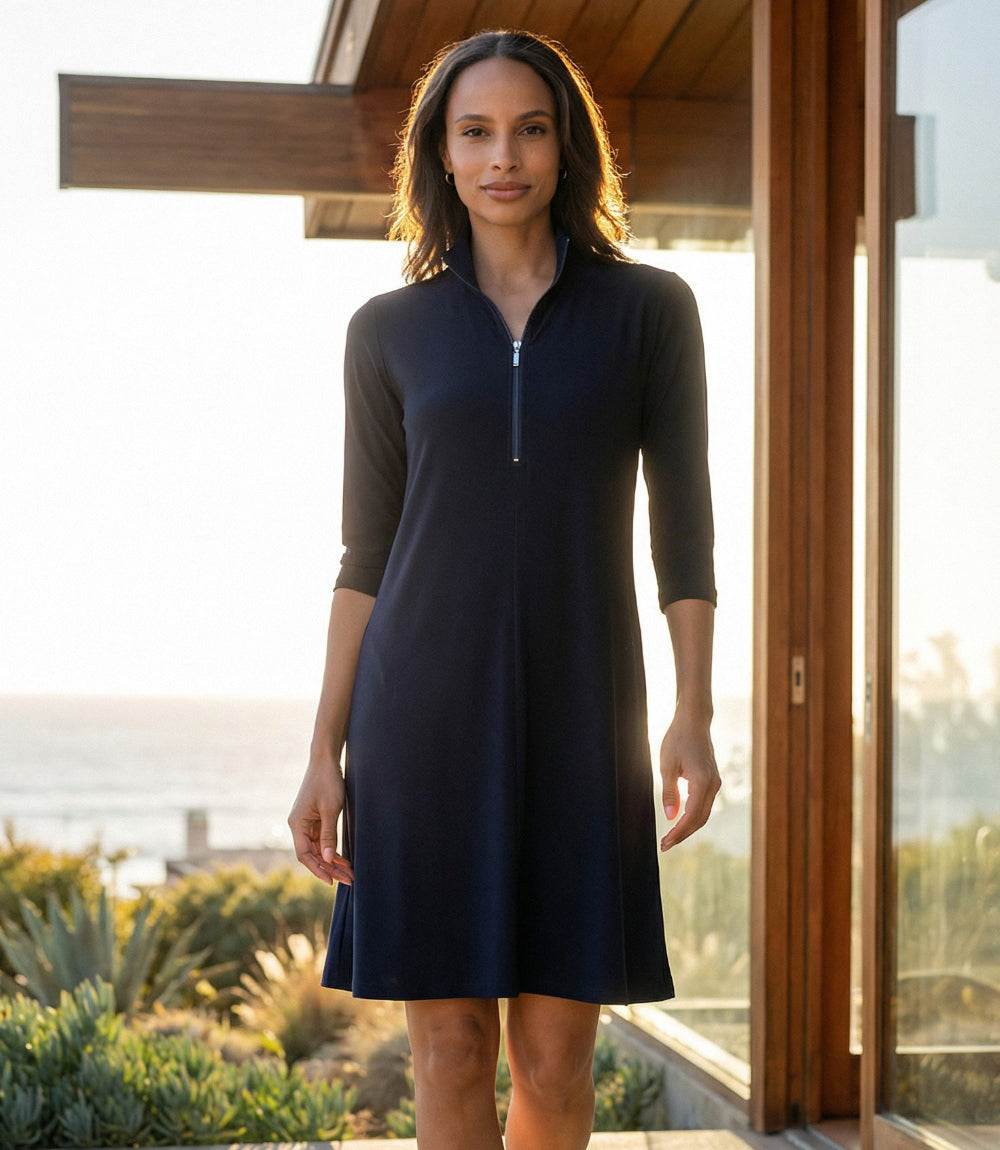 dress with zip up front Karen Kane Women's Quarter Zip Mock Neck Dress - Blue - Size XS