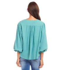 Aqua Layered Sleeve Shirred Blouse | Karen Kane