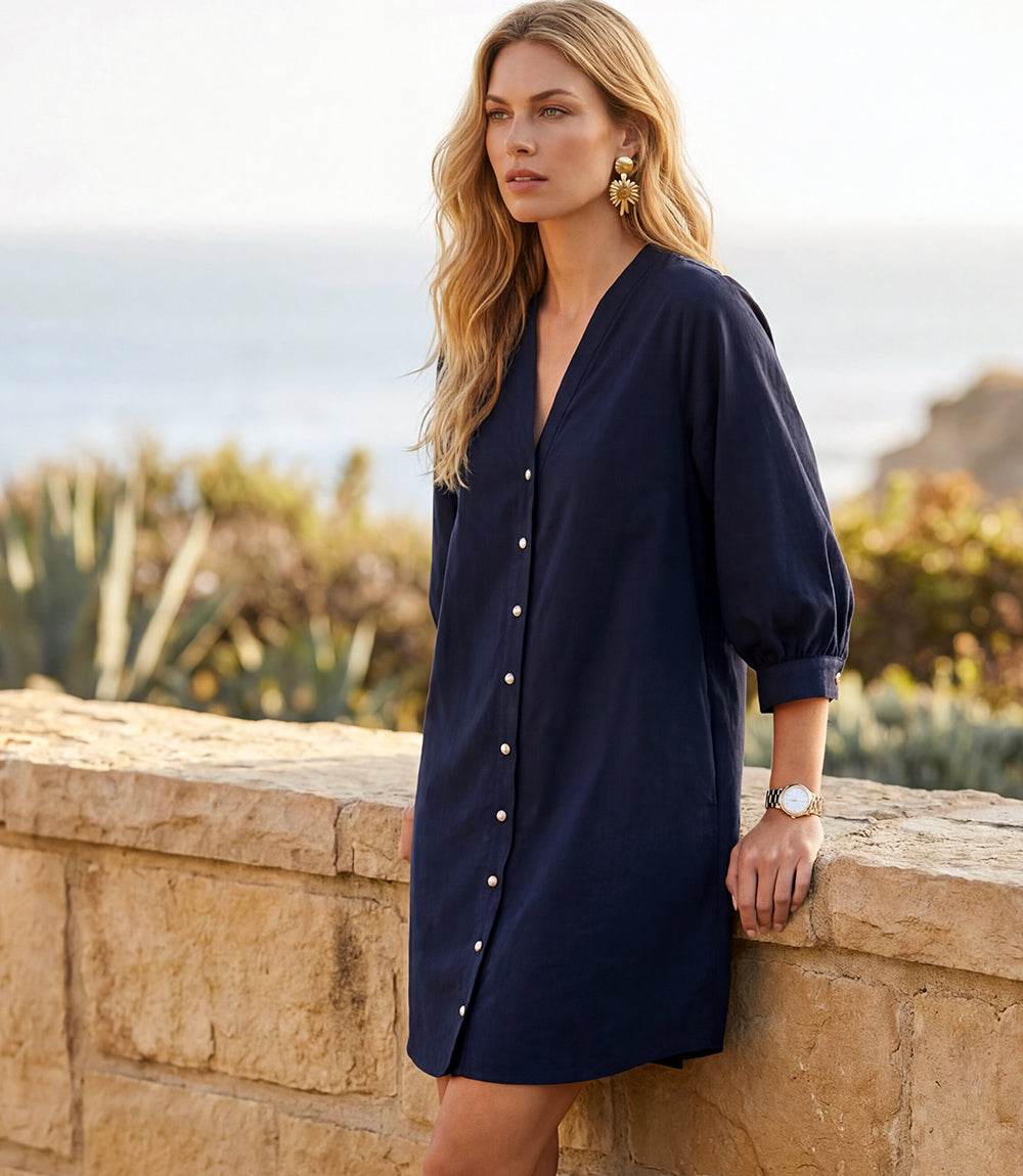 Karen Kane Lantern Sleeve Button Dress - Navy Karen Kane Lantern Sleeve Button Dress - Navy