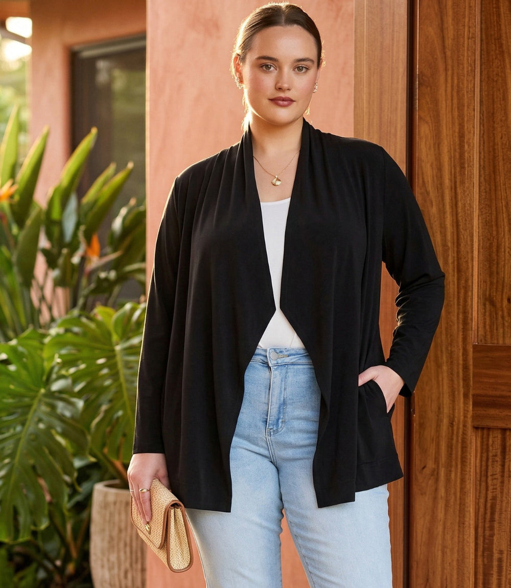 Plus Size Drape Travel Jersey Cardigan – Karen Kane