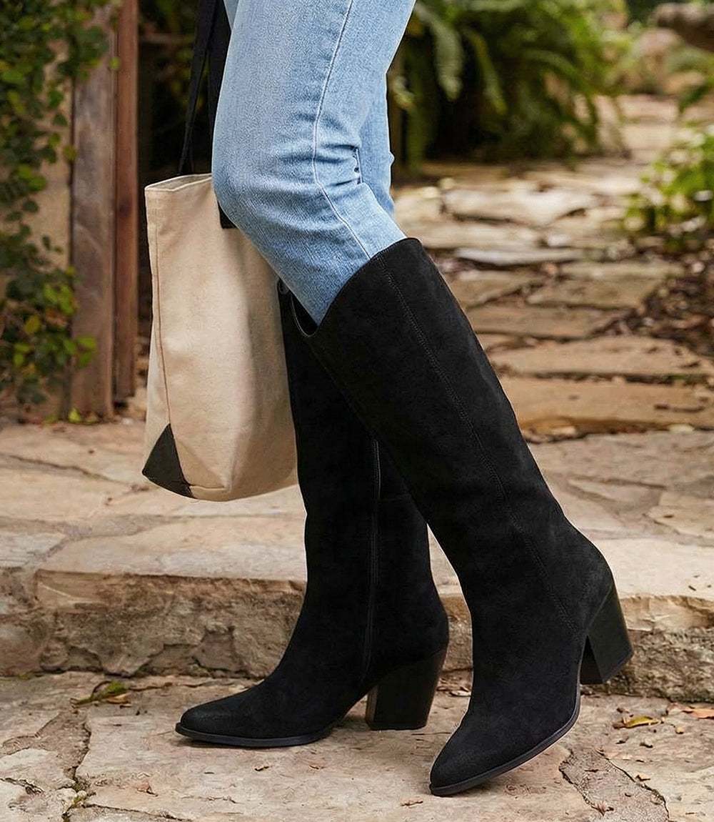Pointed Toe Western Boots - Stylish Suede High Boots for Fall