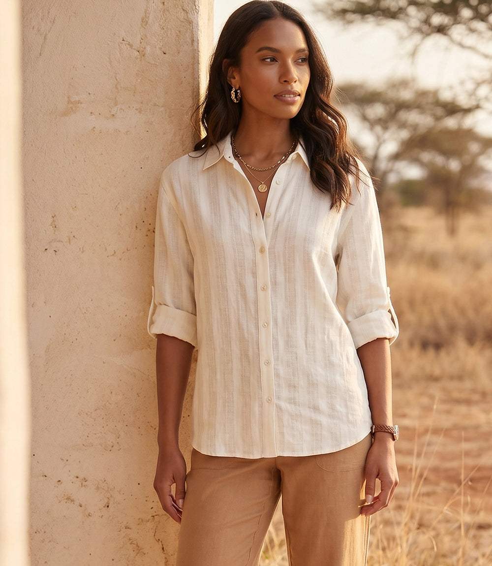 rolling dress shirt sleeves Karen Kane Women's Stripe Linen Roll-Tab Shirt, Medium, M, Cream, Stripes, 100% Linen