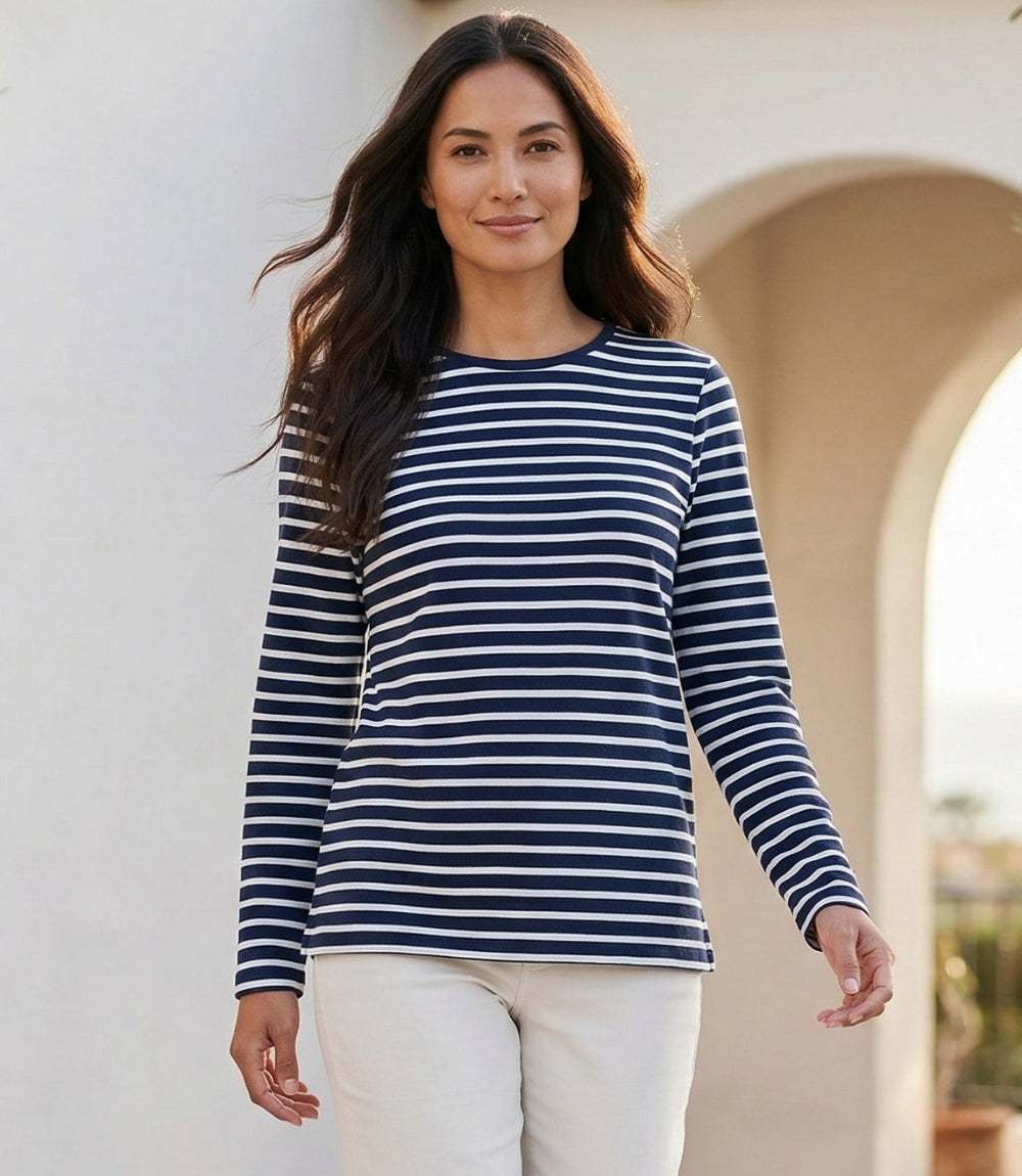 Stripe Long Sleeve Top - Classic Cotton Knit with Horizontal