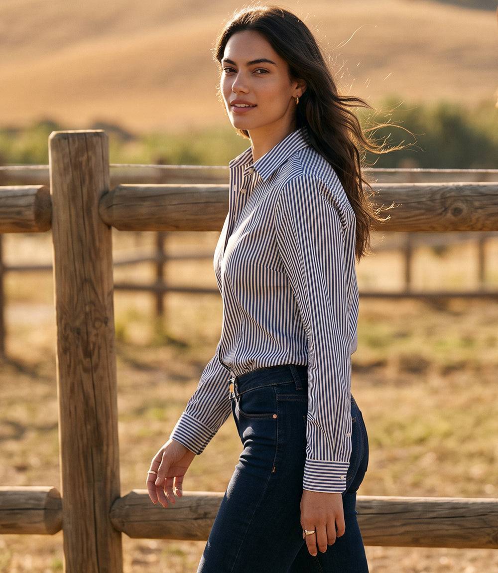 トップス cooklobin Stripe Long Sleeve Single Pocket Button-Up Shirt – Karen Kane