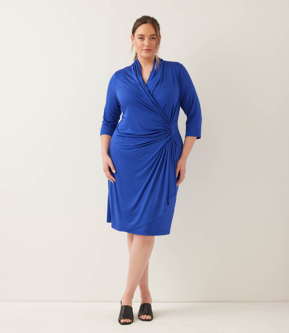 Plus Size 3/4 Sleeve Cascade Wrap Dress – Karen Kane Plus Size 3/4 Sleeve Cascade Wrap Dress – Karen Kane
