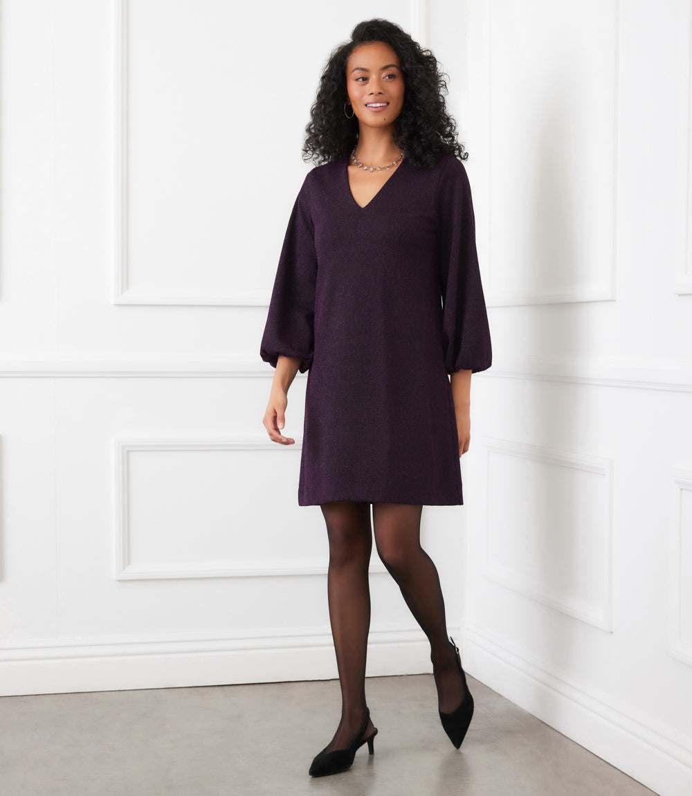 Blouson Sleeve Metallic Knit Dress - Elegant V-Neck Design Karen Kane Blouson Sleeve Metallic Knit Dress - Elegant V-Neck Design Karen Kane