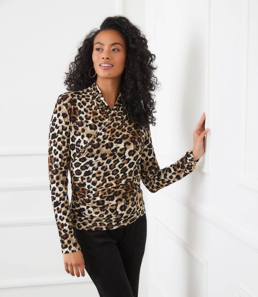 Petite Size Long Sleeve Crossover Side-Shirred Top - Trendy