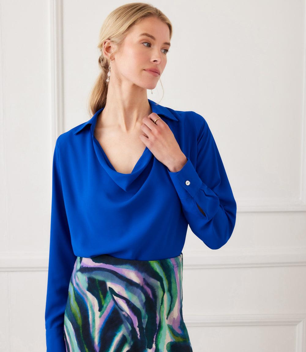 トップス vintage wave design high neck tops Long Sleeve Collared Top - Elegant Silk Crepe with Cowl Neck