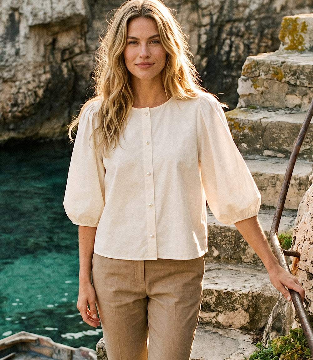 Puff Sleeve Pearl Button Top - Elegant Cotton Blouse for Any