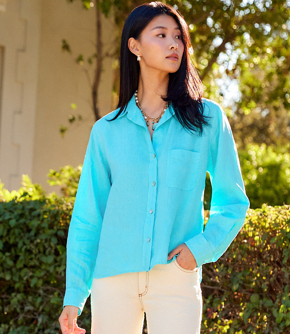 lightweight long sleeve dress shirts Karen Kane Women's Long Sleeve Linen Button-Up Shirt, Medium