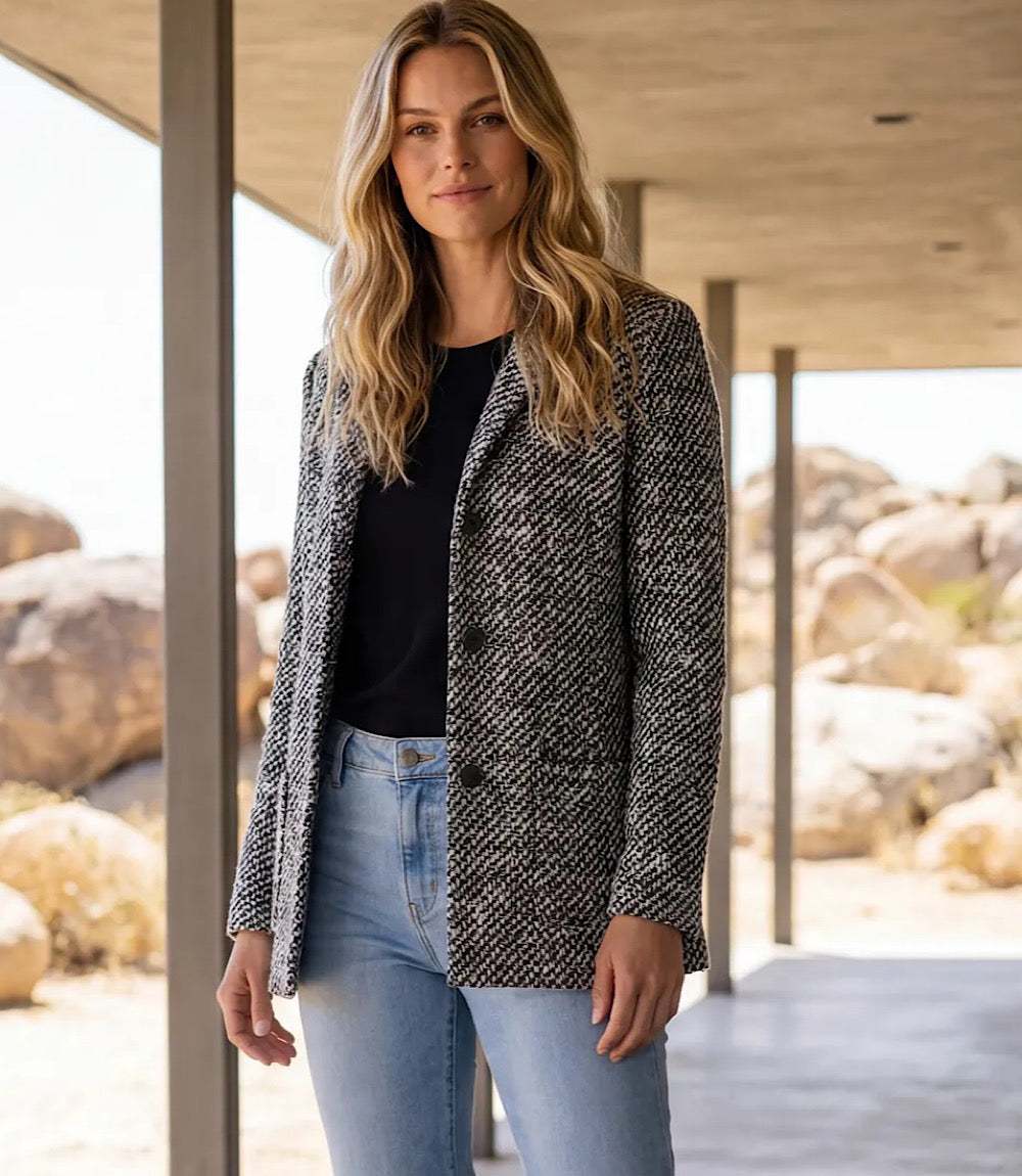 Petite Size Tweed Blazer - Tailored Collared Tweed Jacket – Karen Kane