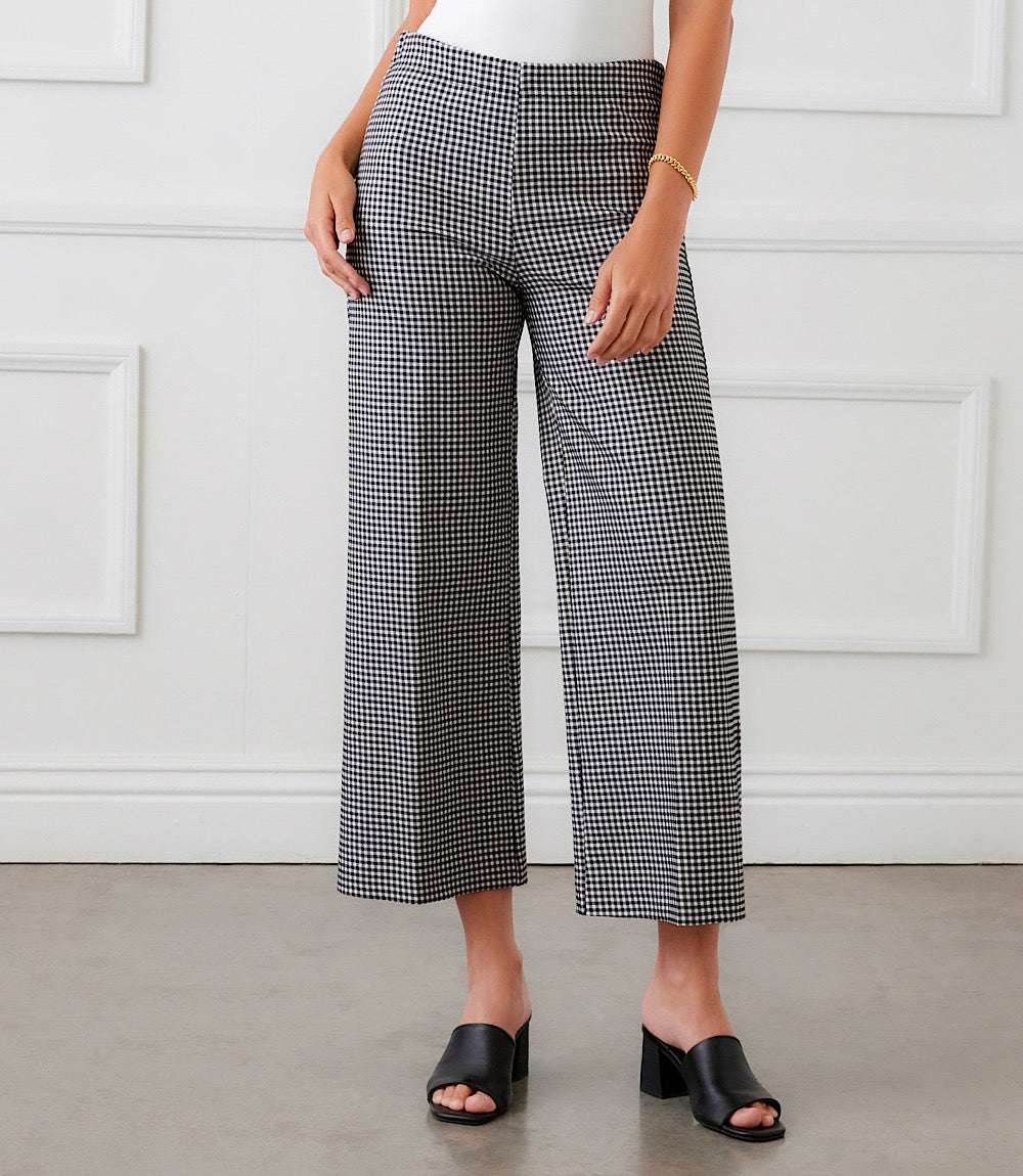 Wide-Leg Pants - Cropped, Check Pattern, Comfortable Stretch Fit