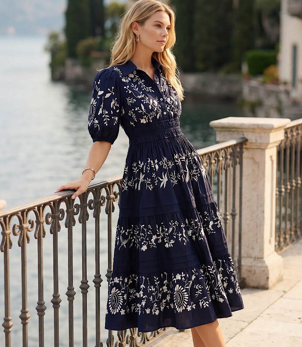 Karen Kane Women's Puff Sleeve Embroidered Dress - Blue - Size XS