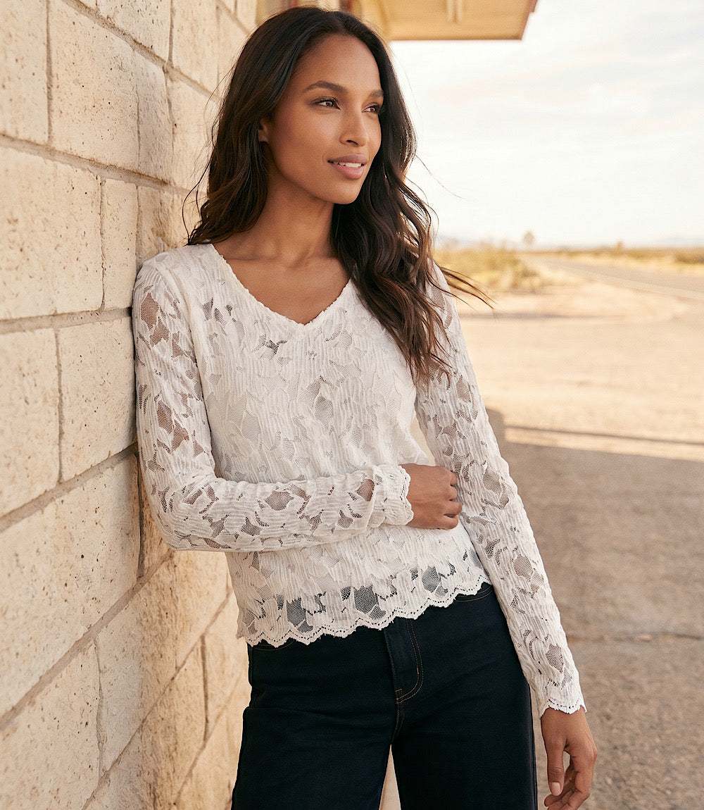 Long Sleeve Floral Burnout V-Neck Top - Romantic Textured Look