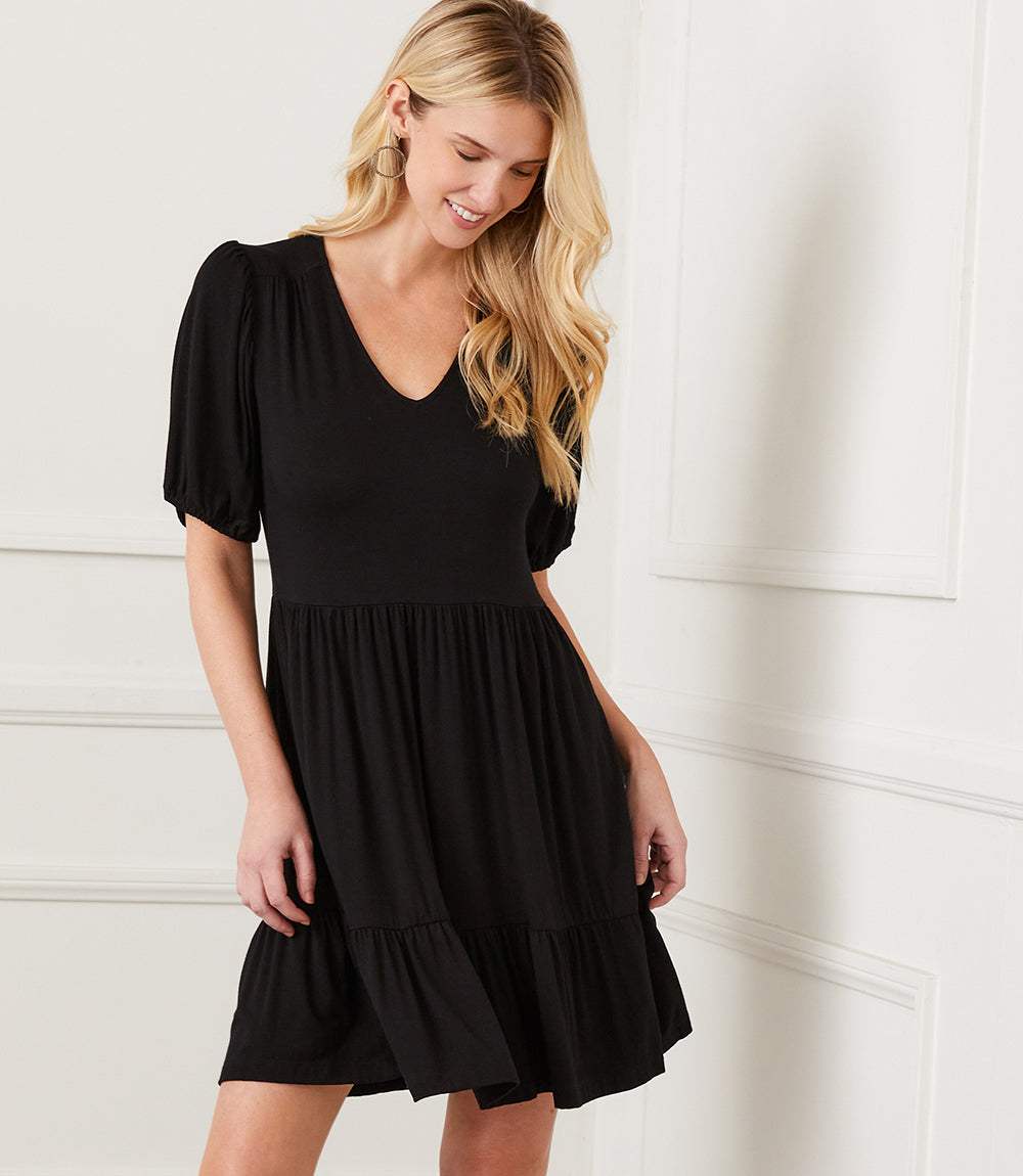 Karen Kane Women's Petite Size Puff Sleeve Tiered Dress, Pm Karen Kane Women's Petite Size Puff Sleeve Tiered Dress, Pm