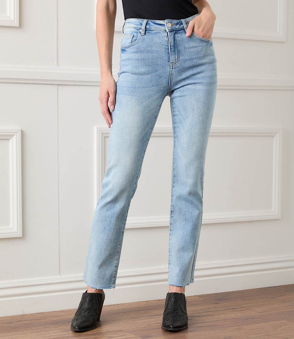 Raw Hem Straight Jeans - Stretchy Skinny Fit Ankle Length – Karen Kane