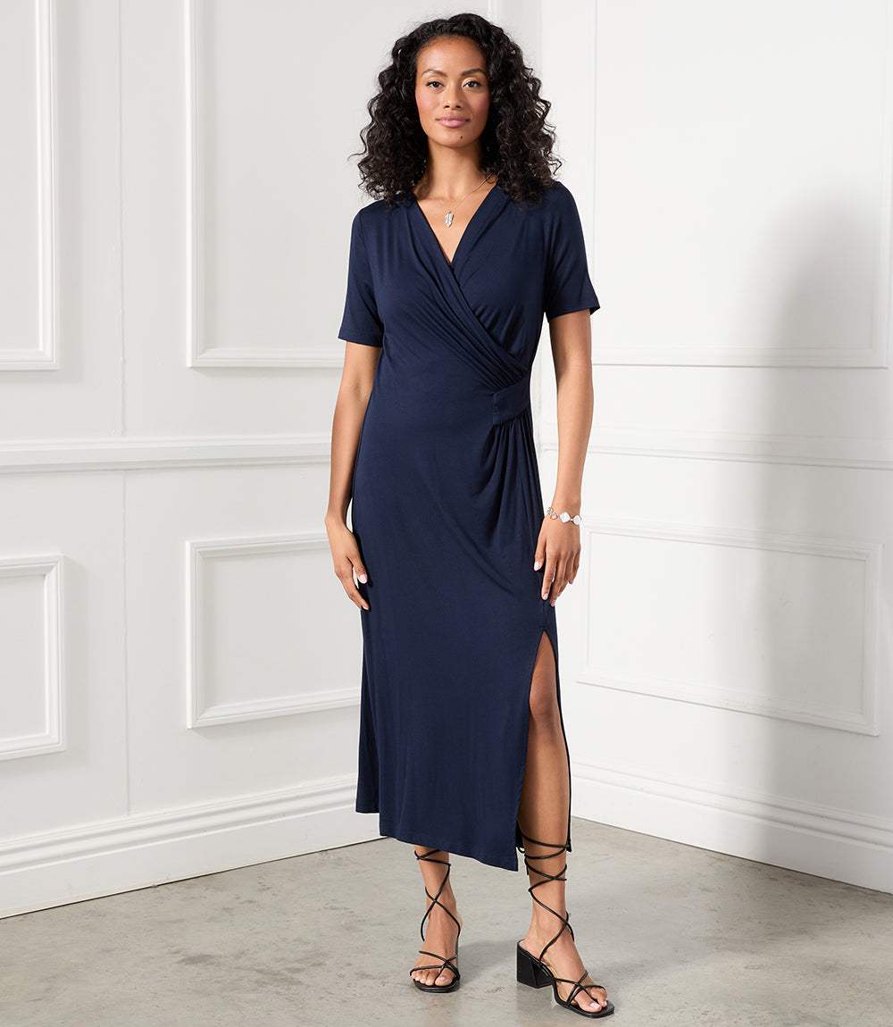 Faux Wrap Midi Dress - Stylish & Comfortable Jersey Knit Dress Karen Kane Faux Wrap Midi Dress - Stylish & Comfortable Jersey Knit Dress Karen Kane
