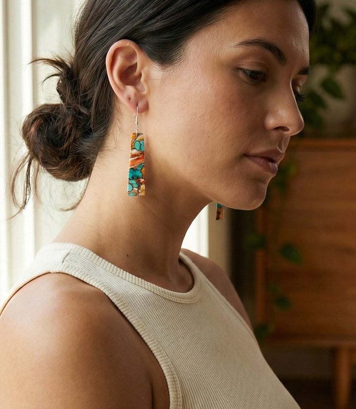 Angular Turquoise and Spiny Oyster Earrings with mosaic shell drops and sterling silver hooks