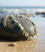 Crystal and gemstone bracelet with aqua gemstones, crystal accents, gold paperclip chain, and lobster clasp.