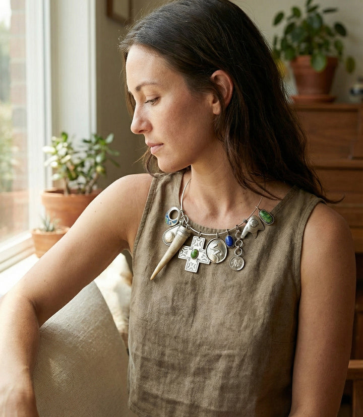 Lapis & Green Turquoise, Horn And Silver Necklace