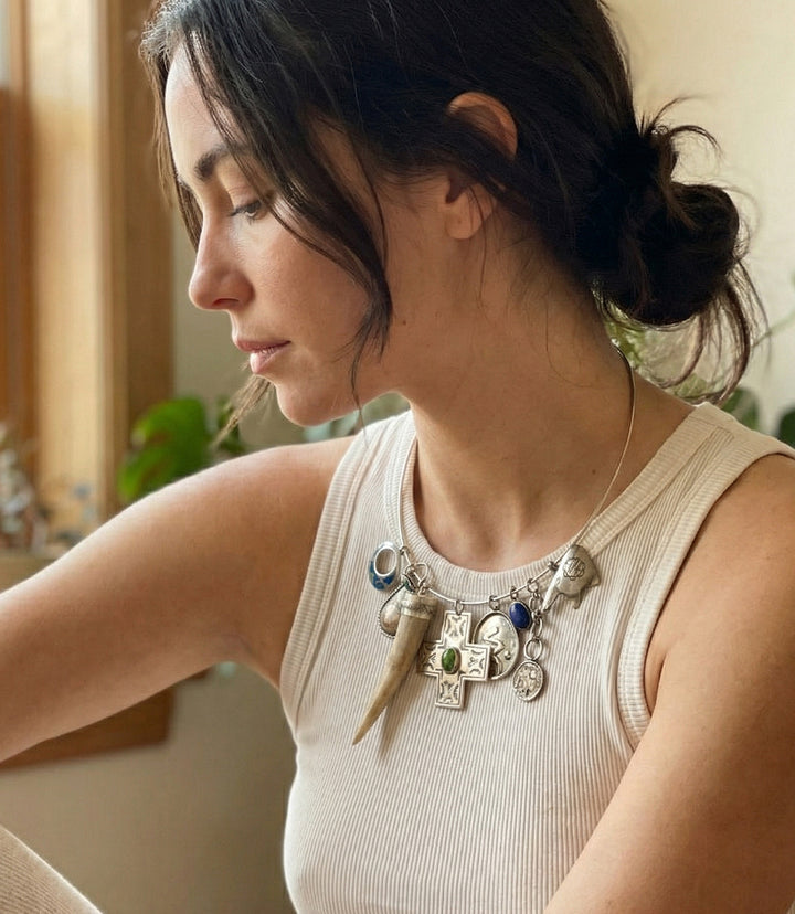 Lapis & Green Turquoise, Horn And Silver Necklace