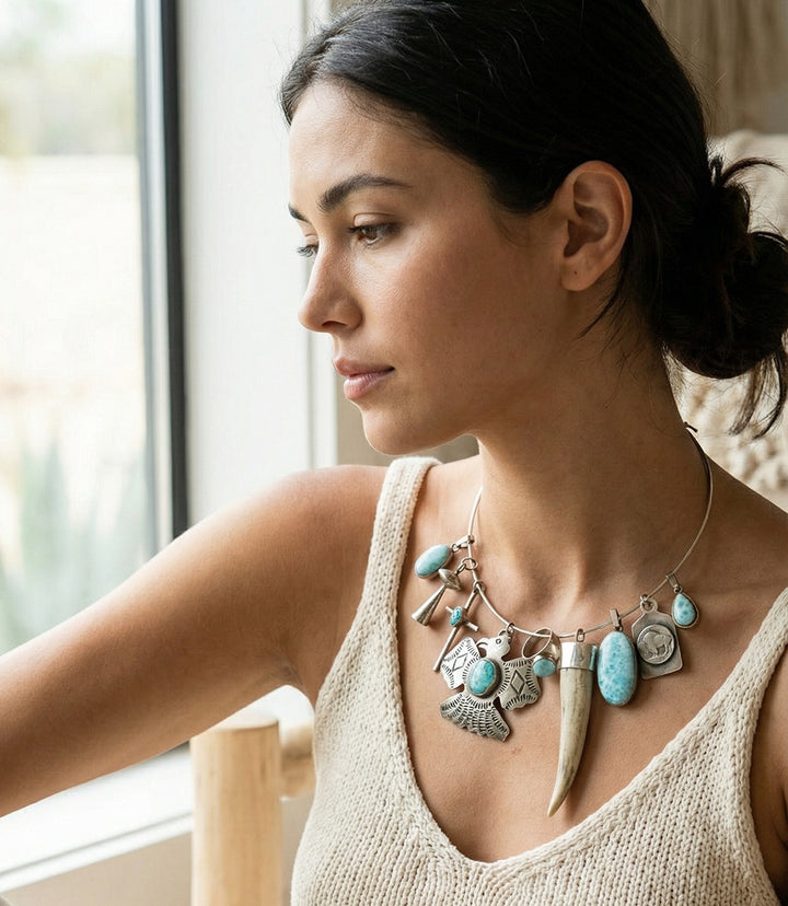 Larimar, Horn, Eagle, And Buffalo Coin Necklace