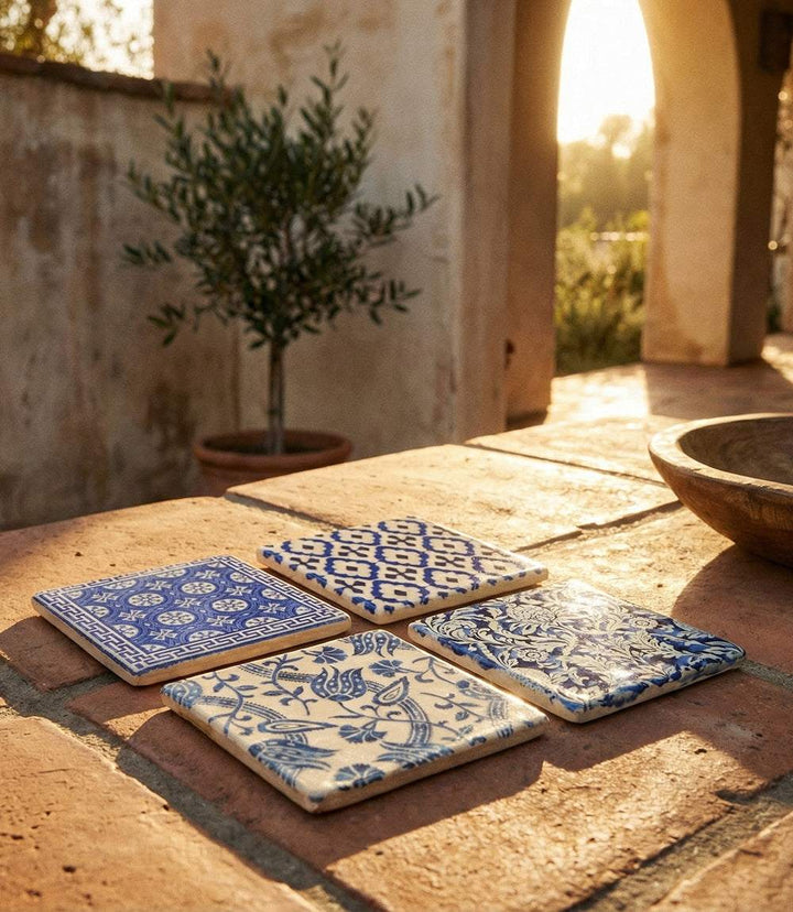Set of 4 Mediterranean Tile marble coasters with blue and white tile design and cork backing