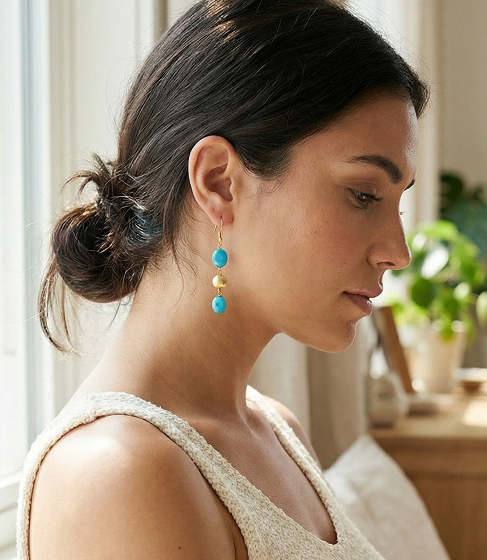 Turquoise And Gold Triple Drop Earrings