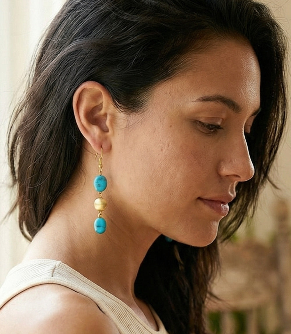 Turquoise And Gold Triple Drop Earrings