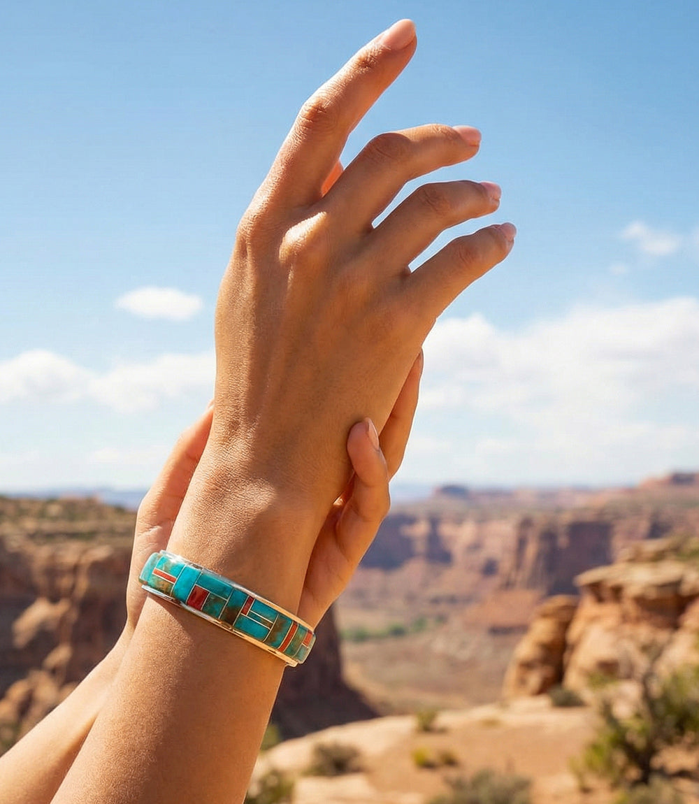 Turquoise and spiny oyster mosaic cuff bracelet with sterling silver, handcrafted by Navajo artist Edison Yazzie