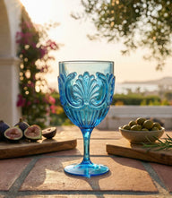 Blue Acrylic Fleur Wine Glass with embossed floral design, 16 oz, shatter-resistant and dishwasher safe