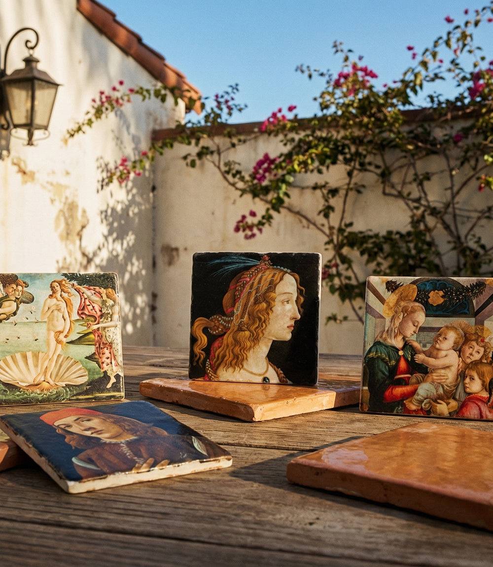 Set of 4 Botticelli marble coasters featuring iconic Renaissance artworks for elegant home decor