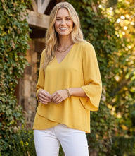 Elegant Bracelet Sleeve Asymmetric Top with silky crepe fabric and layered hem