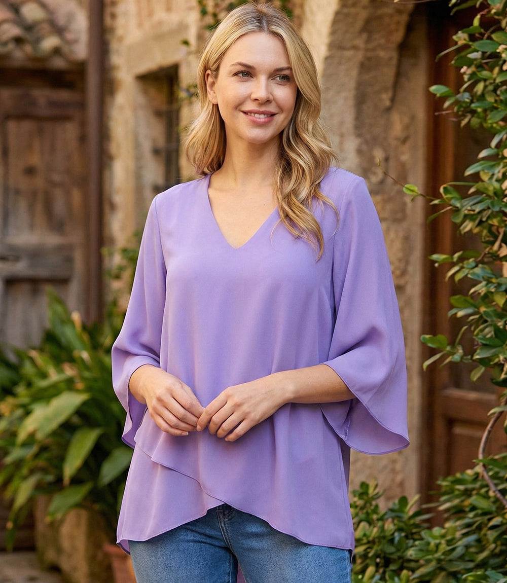 Kana　meer. AMERICAN SLEEVE FLARE TOP Bracelet Sleeve Asymmetric Top - Elegant Silky Crepe Design