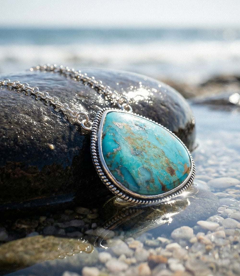Corinth Blue Turquoise pendant necklace with sterling silver and adjustable chain