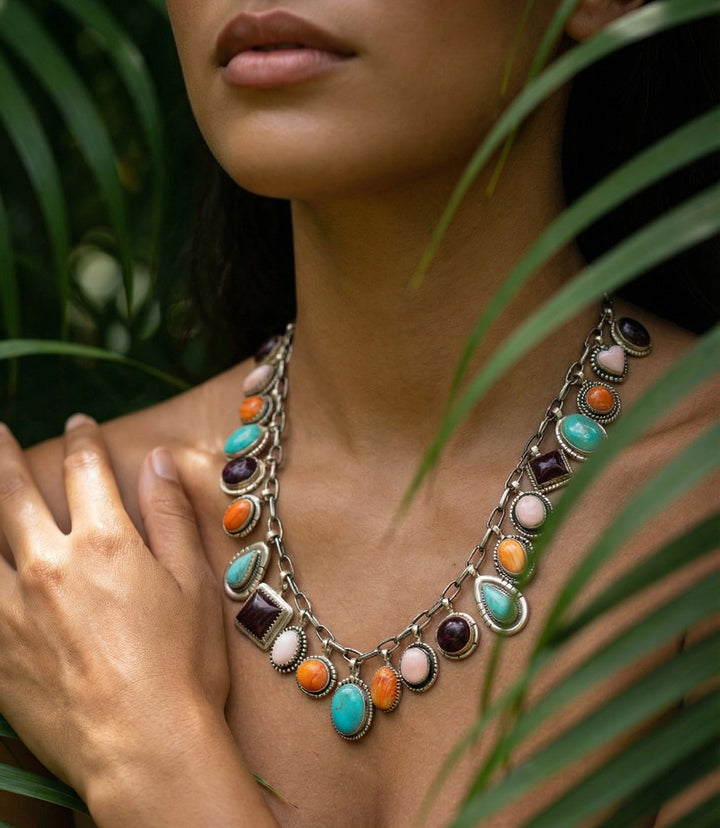 Dangling Turquoise, Spiny Oyster, and Pink Conch Necklace