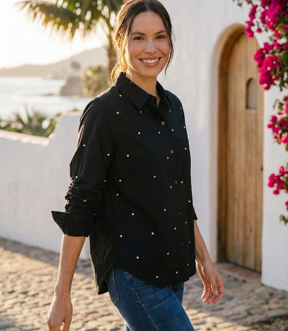 Embellished ruched sleeve shirt with point collar and rhinestone details