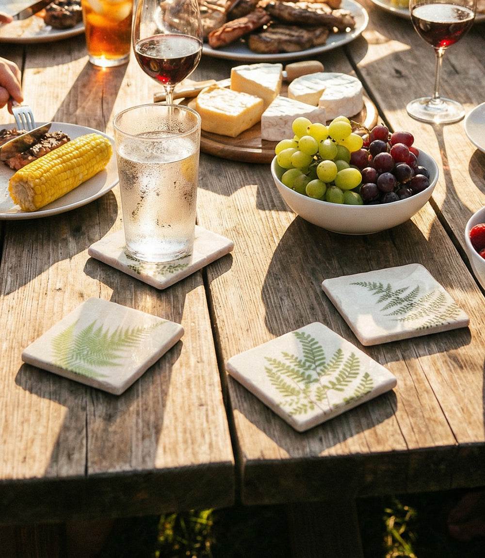 Set of 4 Fern Polished Marble Coasters with vintage fern design and cork backing