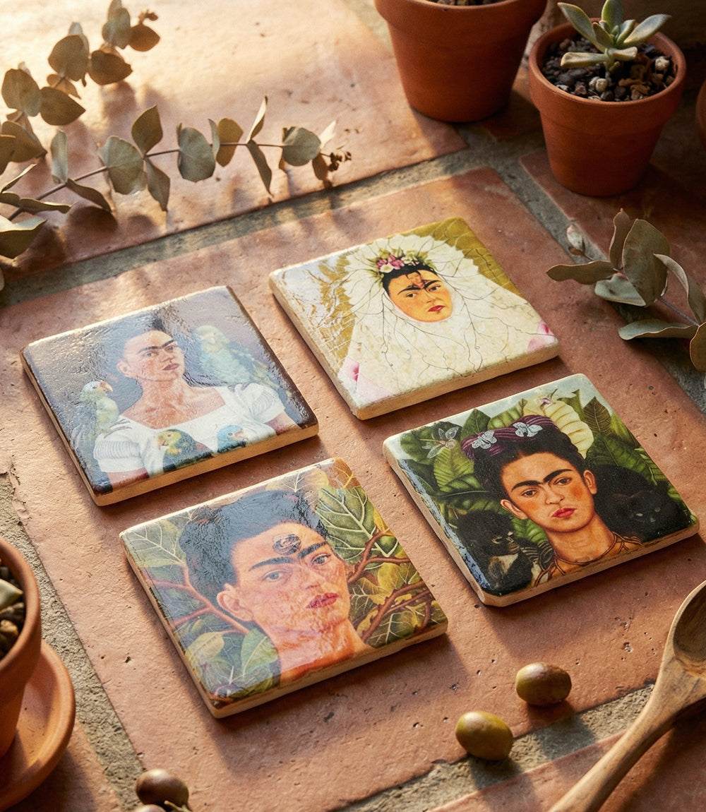 Set of 4 Frida Kahlo marble coasters with vivid portraits on natural tumbled marble