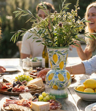 Hand-painted large lemon vase with vibrant lemon and botanical design on porcelain, 12.25 inches tall.