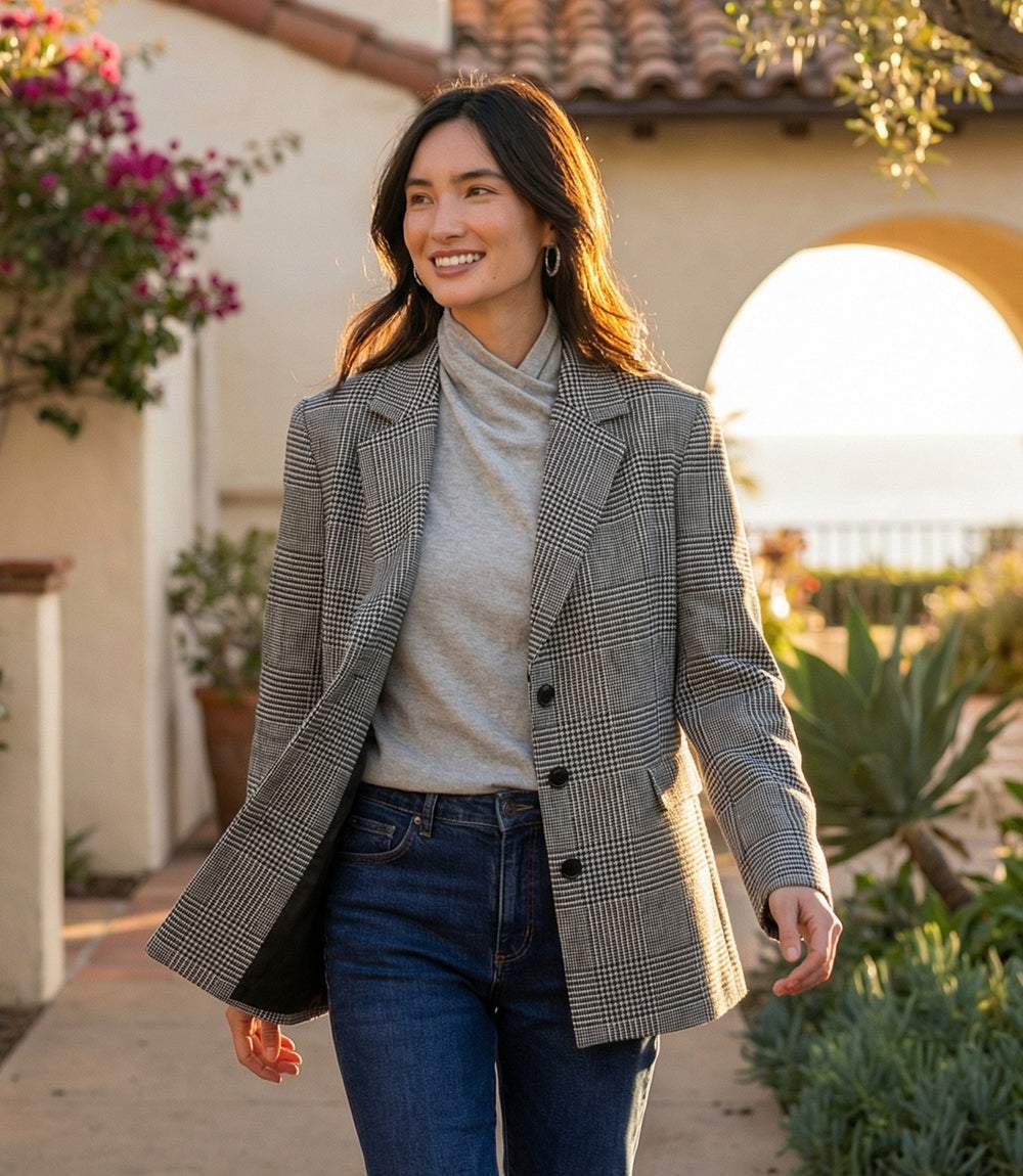 Brushed houndstooth blazer with notched collar and flap pockets in relaxed fit