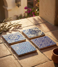 Set of 4 handcrafted Italian Tile Marble Coasters with blue tumbled marble and cork backing