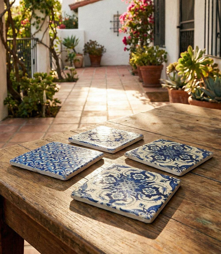 Set of 4 Italian Tile Marble Coasters handcrafted from blue tumbled marble with cork backing