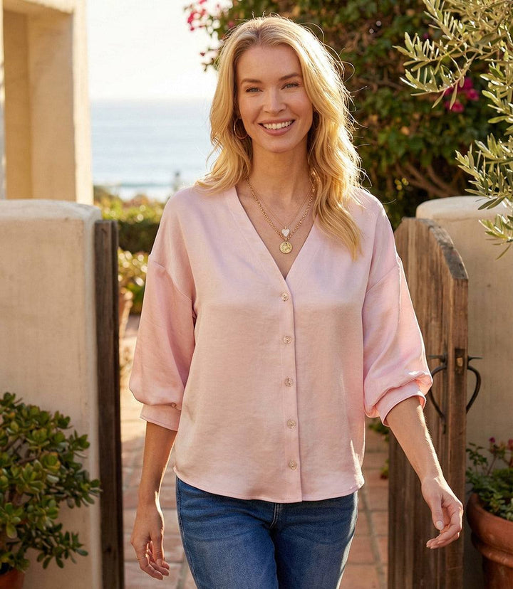 Lantern Sleeve Crystal Rhinestone Button Satin Top