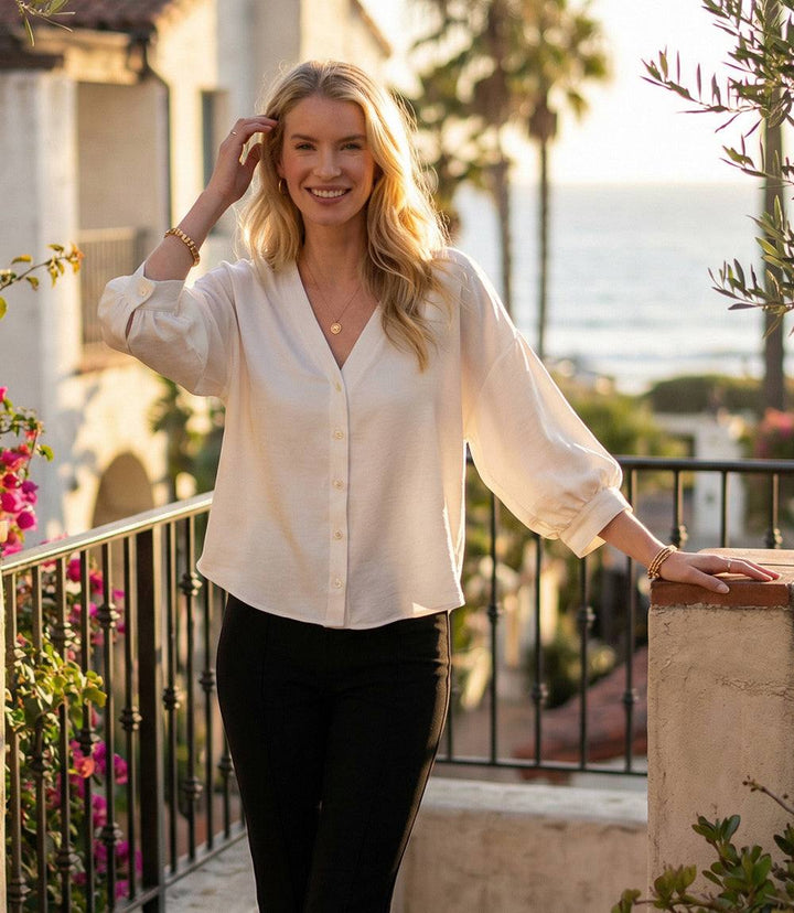 Lantern Sleeve Crystal Rhinestone Button Satin Top