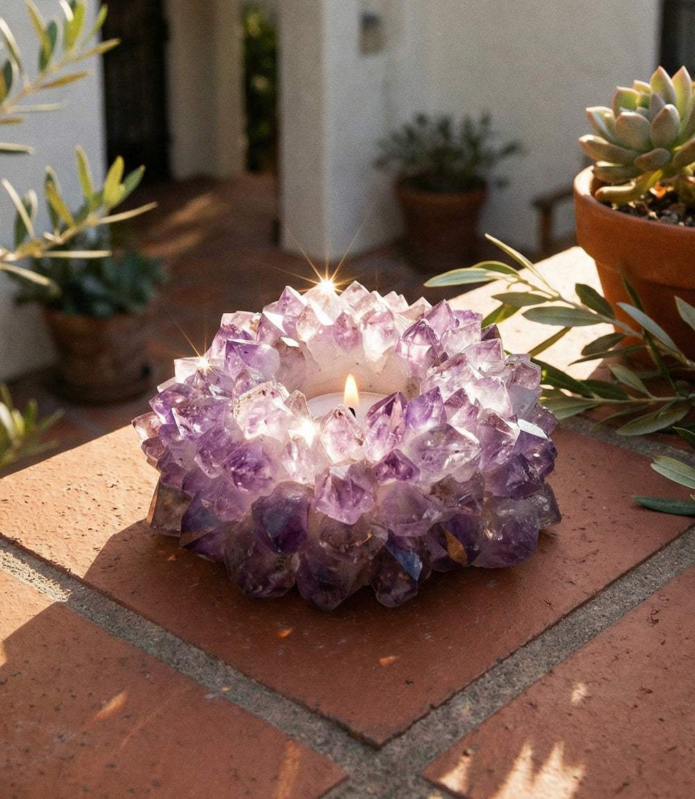 Large Crystal Candleholder in amethyst crystal clusters holding votive candle