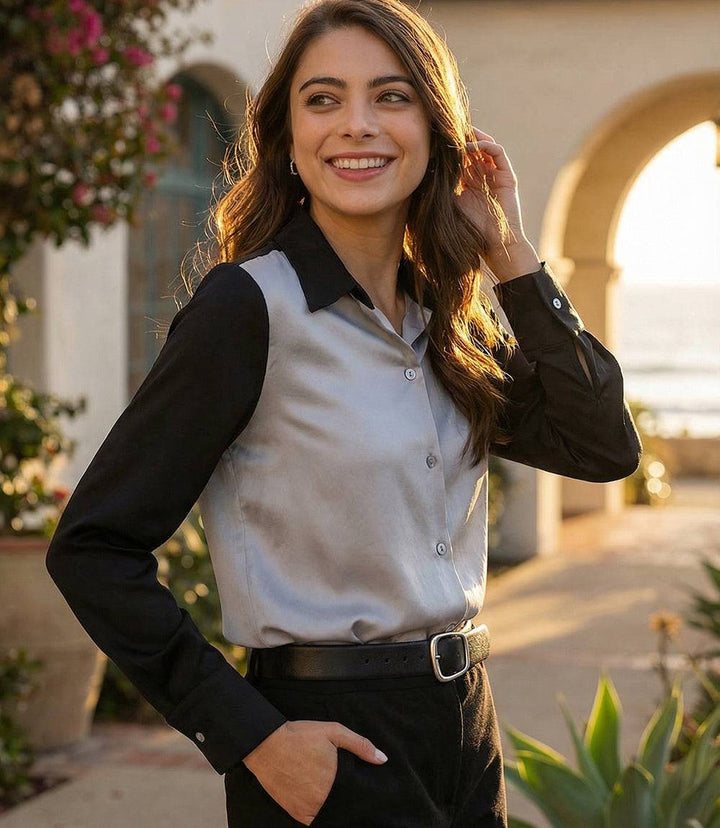 Long Sleeve Satin Colorblock Shirt