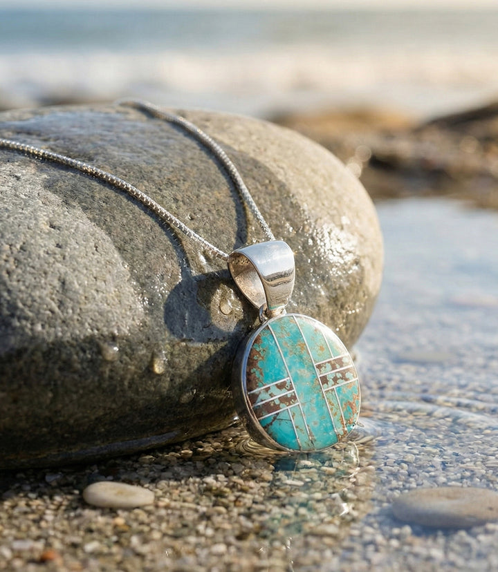 Number 8 Turquoise Inlay Pendant Necklace